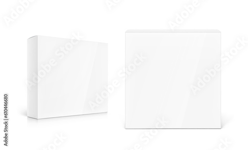 Realistic cardboard box mockup set. Vector illustration isolated on white background. Front and half side view. Can be use for food, cosmetic, pharmacy, sport and etc. Ready for your design. EPS10.