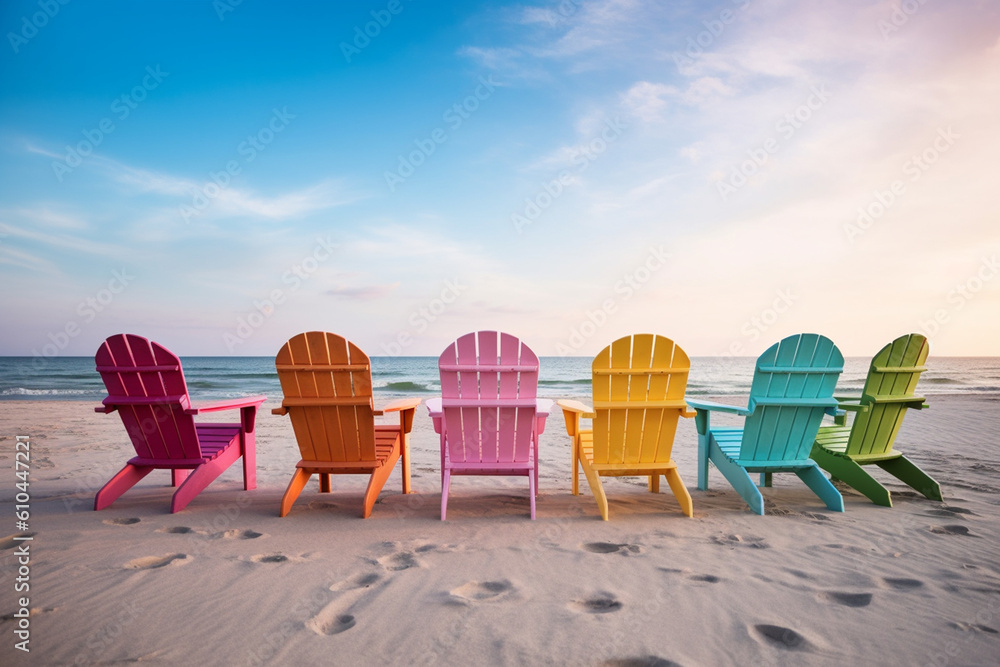 Fototapeta premium Multi Colored Adirondack chairs Lined Up in Front of Ocean on Sandy Beach. Generative ai