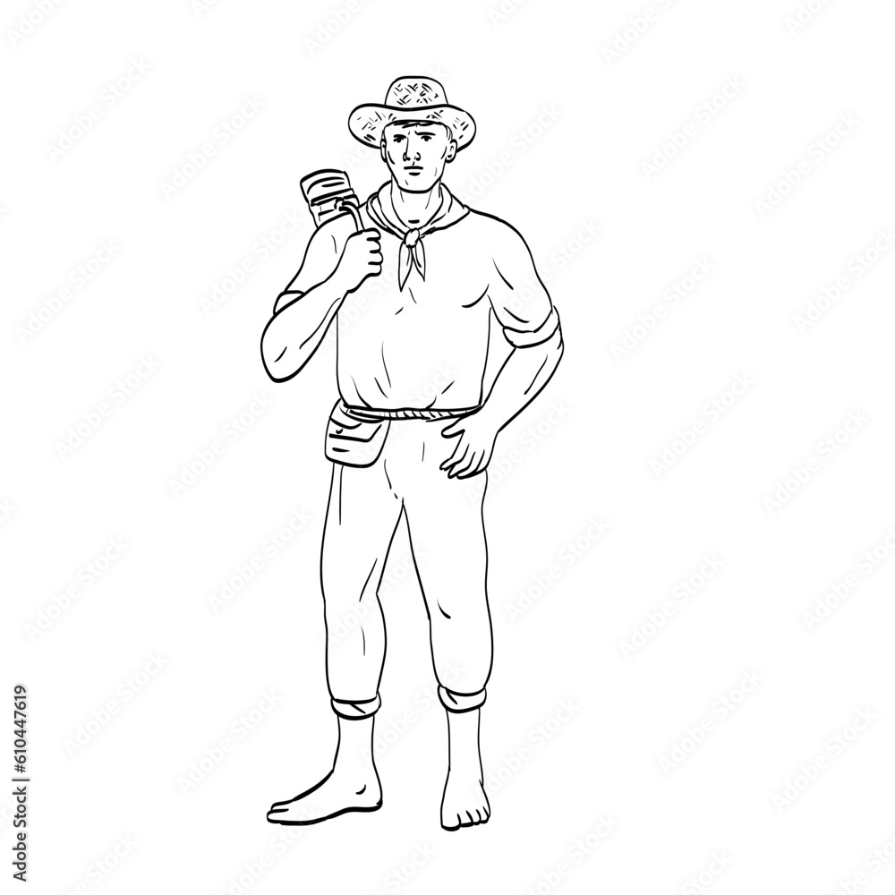 Comics style drawing or illustration of a male Filipino farmer wearing a hat standing viewed from front on isolated background in black and white retro style.