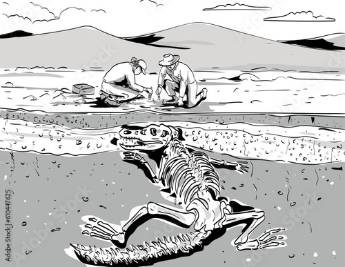 Comics style drawing or illustration of archeologist digging up fossil bones of prehistoric dinosaur in the desert under layers of sedimentary rocks done in monochrome retro style.