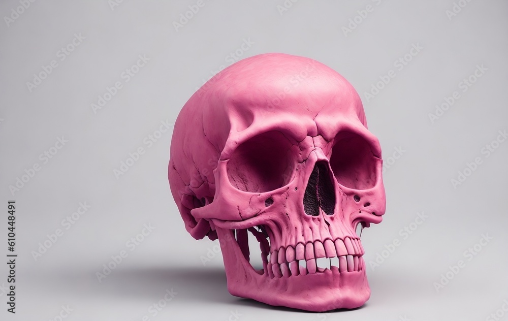 Pink skull isolated grey background. Pink color dead skull isolated. Generative Ai Pink skull isolated grey background. Pink color dead skull isolated. Generative Ai