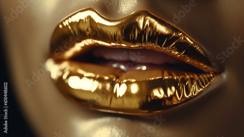 Lábios de ouro abstratos. Closeup de lábios dourados. Lábio de arte de metal dourado. Linda maquiagem. Brilho labial dourado na beleza photo