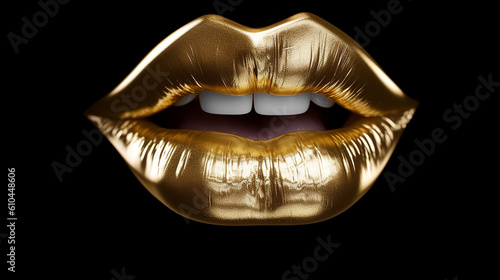 Lábios de ouro abstratos. Closeup de lábios dourados. Lábio de arte de metal dourado. Linda maquiagem. Brilho labial dourado na beleza photo