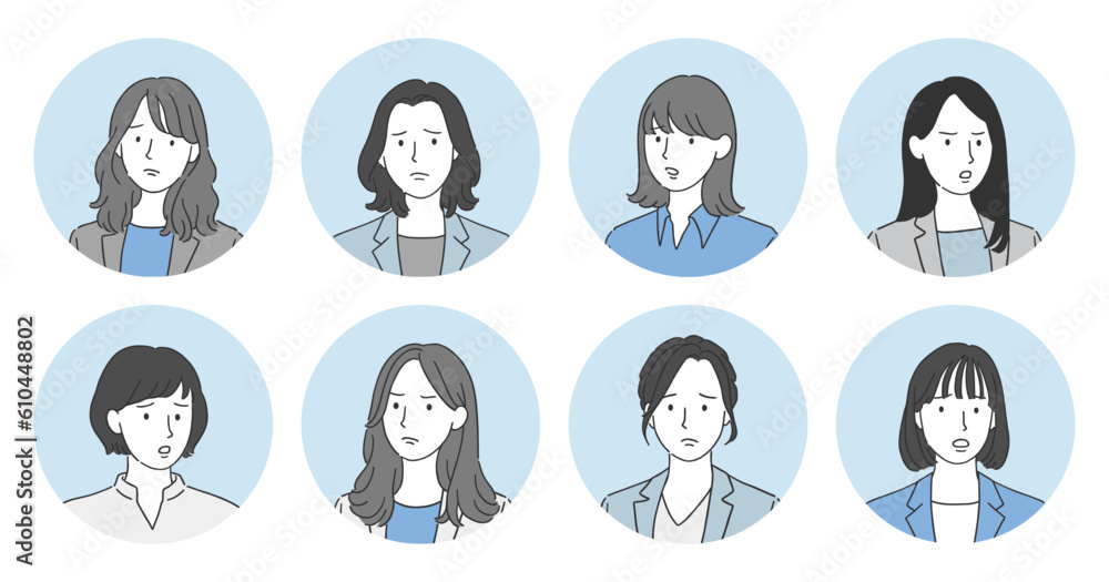 ネガティブな表情をしたスーツ姿の女性 丸アイコンセット ネガティブな表情をしたスーツ姿の女性 丸アイコンセット