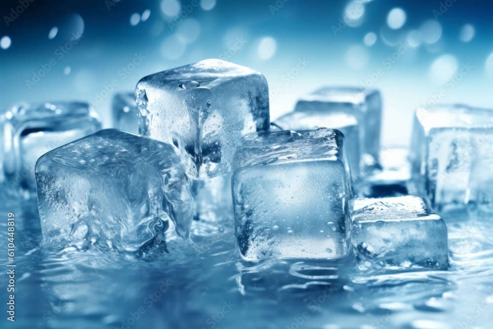 3D rendered transparent ice cubes with water droplets, highlighting the beauty and clarity of frozen water. Generative Ai 3D rendered transparent ice cubes with water droplets, highlighting the beauty and clarity of frozen water. Generative Ai