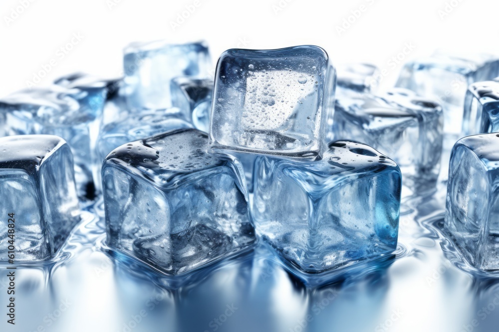 3D rendered transparent ice cubes with water droplets, highlighting the beauty and clarity of frozen water. Generative Ai 3D rendered transparent ice cubes with water droplets, highlighting the beauty and clarity of frozen water. Generative Ai