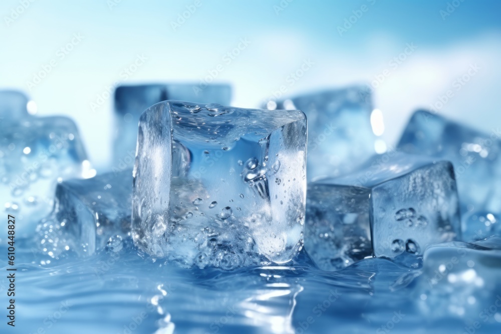 3D rendered transparent ice cubes with water droplets, highlighting the beauty and clarity of frozen water. Generative Ai 3D rendered transparent ice cubes with water droplets, highlighting the beauty and clarity of frozen water. Generative Ai