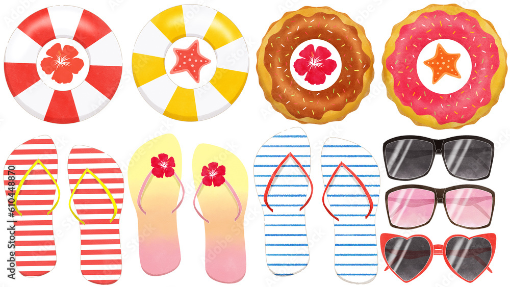 Inflatable swim ring, flip-flops and sunglasses cartoon clipart PNG