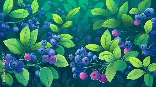 Fresh Organic Huckleberry Berry Cartoon Horizontal Background Illustration. Healthy Vegetarian Diet. Ai Generated drawing Background Illustration with Delicious Juicy Huckleberry Berry. Generative AI photo