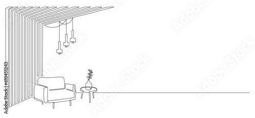 Modern design interior with armchair and wooden slat walls in one continuous line drawing. Hygge scandinavian decor and soft furniture chair in simple linear style. Doodle outline vector illustration