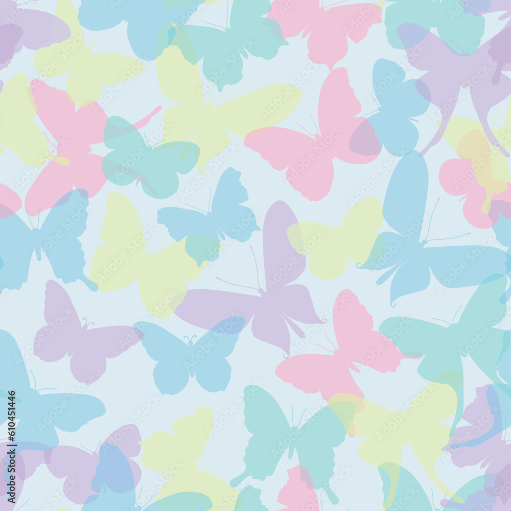 Multicolored silhouettes of butterflies on a light background, seamless vector pattern Multicolored silhouettes of butterflies on a light background, seamless vector pattern