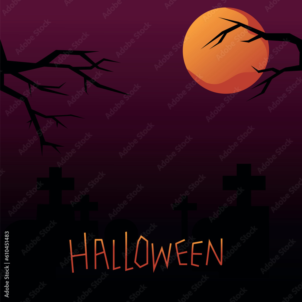 Halloween background with graveyard and full moon. Vector illustration. Holiday card