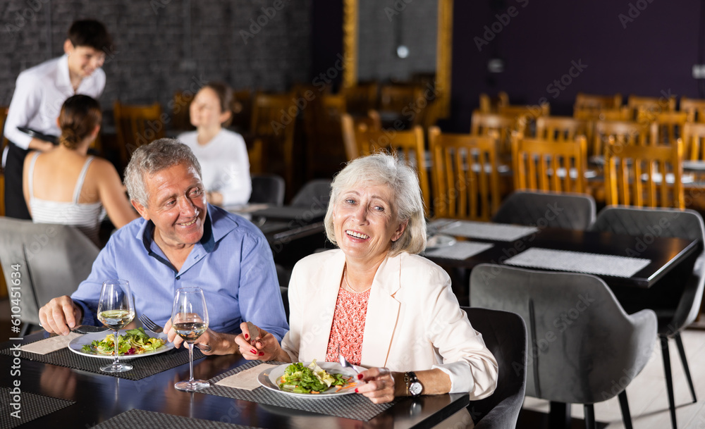 Smiling senior man and woman talking and joking merrily during dinner in restaurant. Elderly spouses colleagues have fun chatting spend time in restaurant after working day