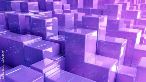 Three-dimensional innovative  contemporary tech background  perfectly aligned glossy violet blocks. Light purple  sleek 3d render. 3d cubes  abstract wallpaper. Generative Ai.