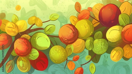 Fresh Organic Jujube Fruit Cartoon Horizontal Background Illustration. Healthy Vegetarian Diet. Ai Generated drawing Background Illustration with Delicious Juicy Jujube Fruit. Generative AI photo