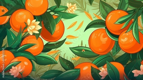 Fresh Organic Mandarin Fruit Cartoon Horizontal Background Illustration. Healthy Vegetarian Diet. Ai Generated drawing Background Illustration with Delicious Juicy Mandarin Fruit. Generative AI