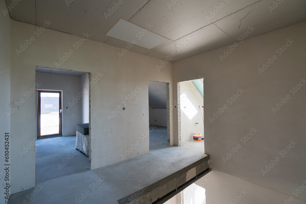 Fototapeta premium Drywall in the attic. House under construction