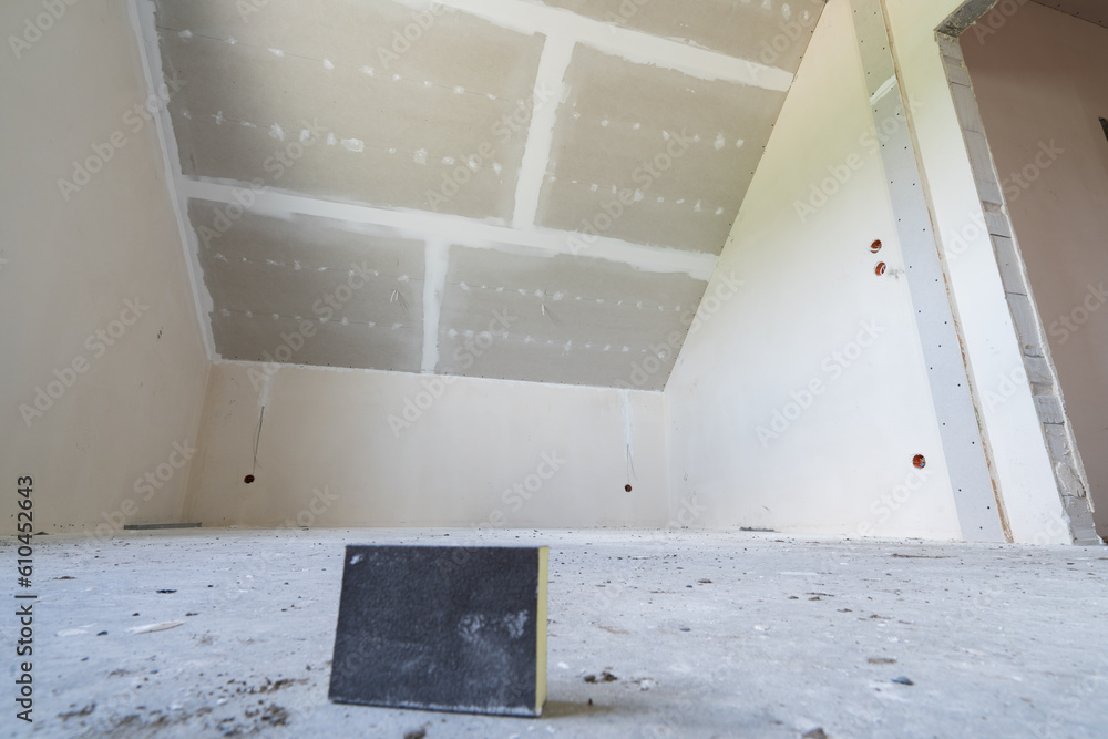 Drywall in the attic. House under construction
