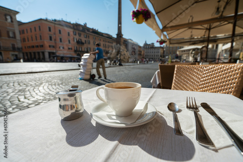 Photography Morning coffee on the background of Piazza Navona in Rome, Italy