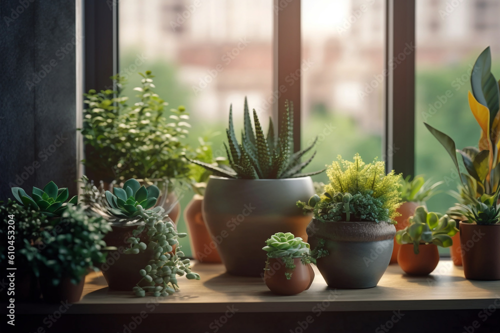 Natural Delight: Botanical Plants and Clay Pots on a Sunny Windowsill. Generative AI Natural Delight: Botanical Plants and Clay Pots on a Sunny Windowsill. Generative AI