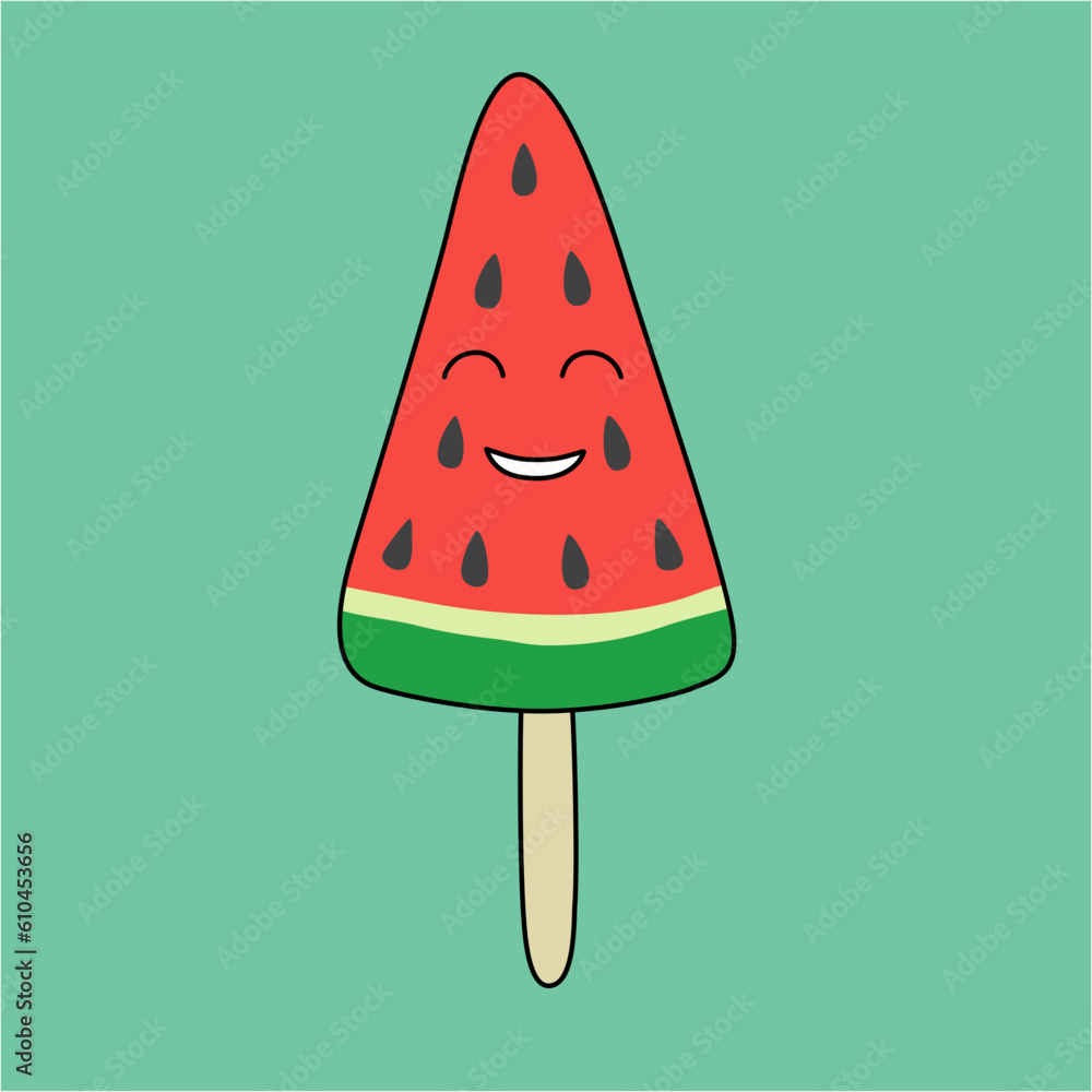 Watermelon cute cartoon character ice cream with face, vector