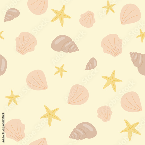 Seamless pattern with sea shells and sea stars, flat vector