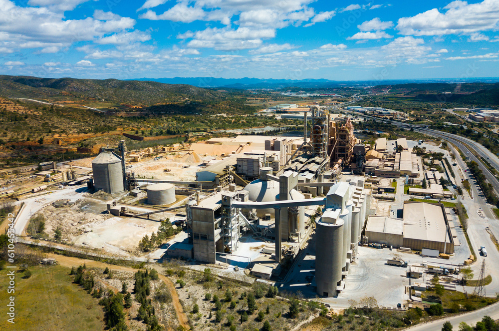 Top view of a cement factory near the city Bunol. Spain
