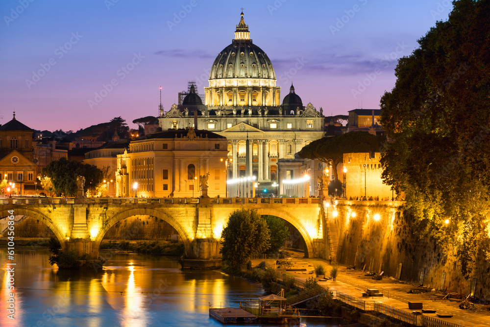 St. Peter's basilica in Vatican at sunset. Italy 
