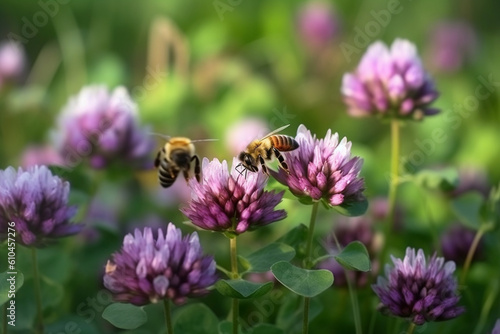 Honey Bees on Pink Clover Flowers Early in Morning in Soft Sunlight. generative ai