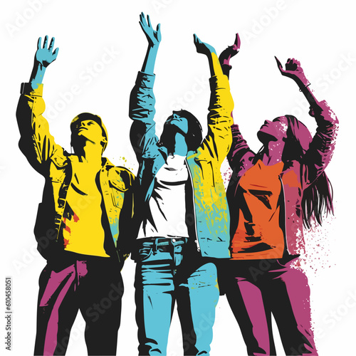 Christian worship young people silhouette lifting hand vector illustration