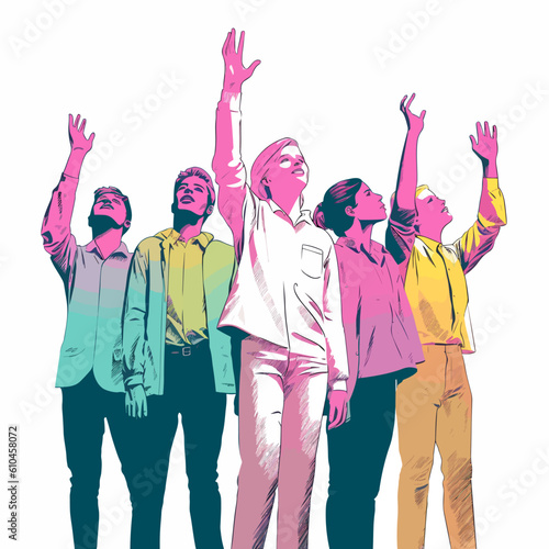 Christian worship young people silhouette lifting hand vector illustration