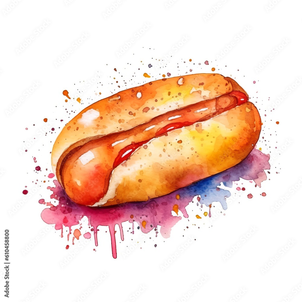 Freshly Baked Hot Dog Bun Watercolor Square Background. Crusty Pastry