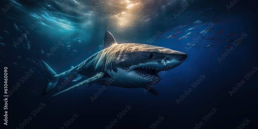 Fototapeta premium AI Generated. AI Generative. Photo illustration of dangerous unawer water shark black fish. Diving adventures. Graphic Art