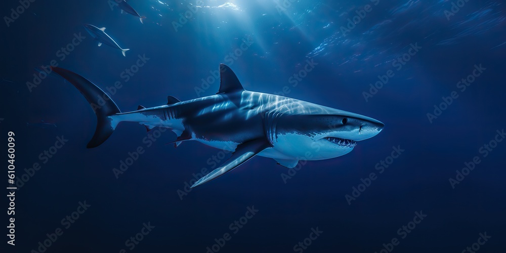 Obraz premium AI Generated. AI Generative. Photo illustration of dangerous unawer water shark black fish. Diving adventures. Graphic Art