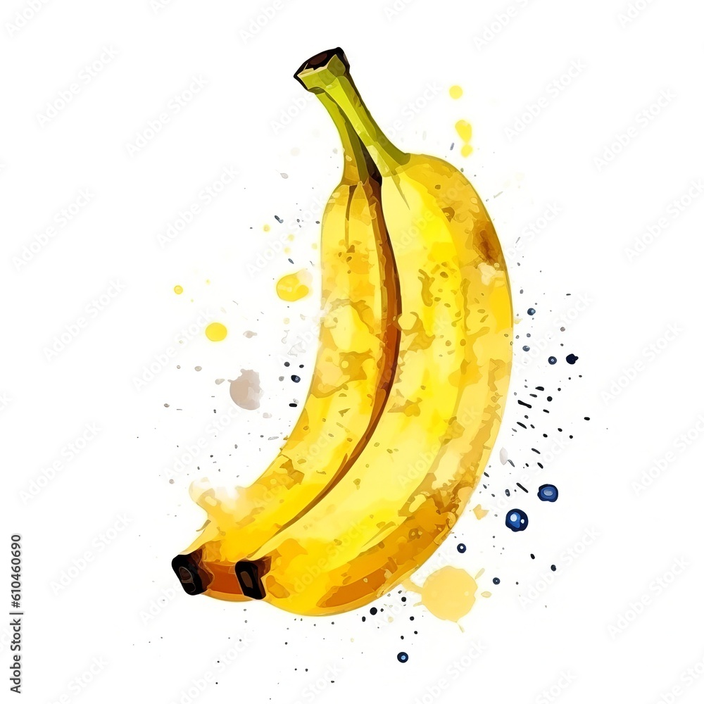 Fresh Organic Banana Fruit Watercolor Square Background. Healthy Vegetarian Diet. Ai Generated, Drawn With Paint Splashes On White Background Delicious Juicy Banana Fruit. Generative AI