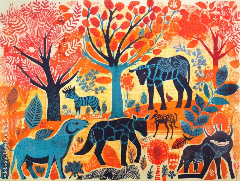 This traditional print showcases a vibrant nature scene with playful ...