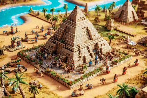 diorama of a pyramid near a river photo