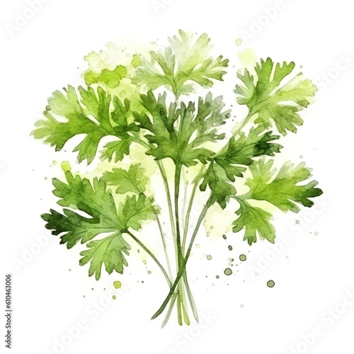 Aromatic Parsley Herbs Watercolor Square Background. Healthy Vegetarian Diet. Ai Generated, Drawn With Paint Splashes On White Background Delicious Aromatic Parsley Herbs. Generative AI