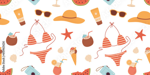 Summer seamless pattern with beach accessory and items. Bikini, sunglasses, cream, watermelon, hat, ice cream, coctail, camera. Cartoon vector illustration. Fashion print, fabric design.