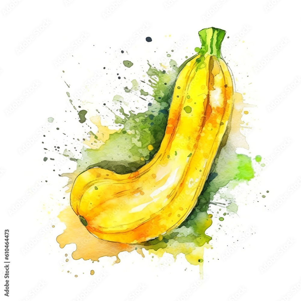Fresh Organic Yellow Squash Vegetable Watercolor Square Background. Healthy Vegetarian Diet. Ai Generated, Drawn With Paint Splashes On White Background Delicious Juicy Yellow Squash Generative AI