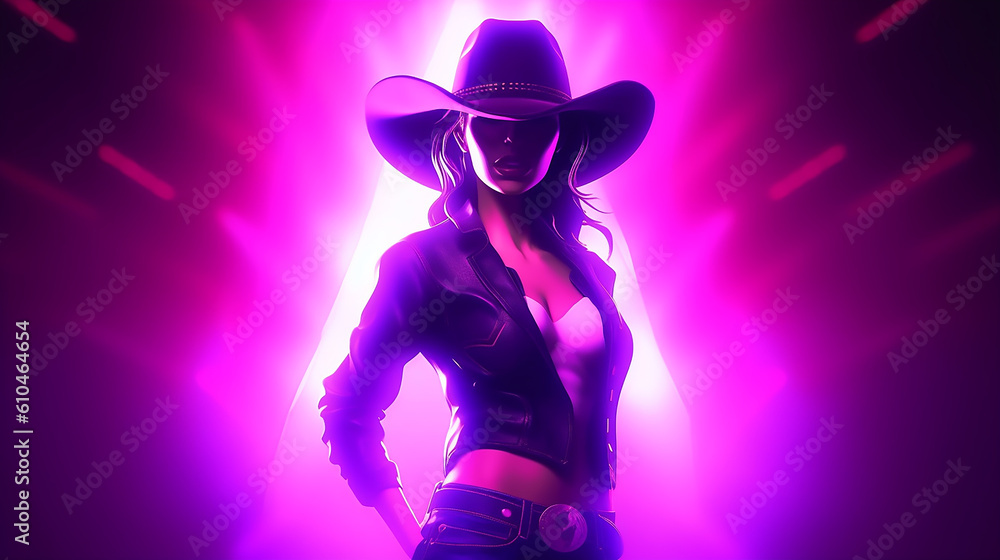 vaqueira sexy com chapéu em fundo neon, bela dançarina da noite vaqueira sexy com chapéu em fundo neon, bela dançarina da noite