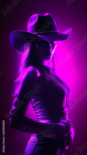 vaqueira sexy com chapéu em fundo neon, bela dançarina da noite  © Alexandre
