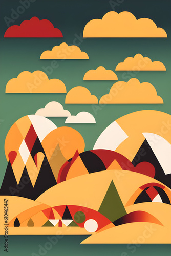 Boho Autumn landscape with trees and hills and clouds