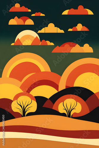 Boho Autumn landscape with trees and hills and clouds © Asif