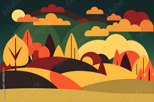 Boho Autumn landscape with trees and hills and clouds