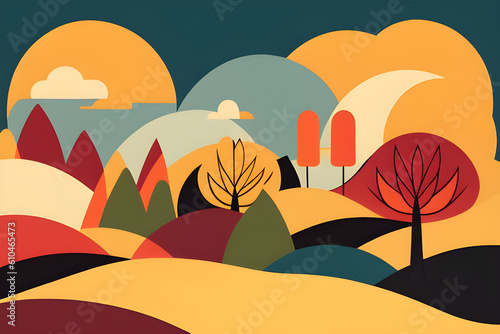 Boho Autumn landscape with trees and hills and clouds