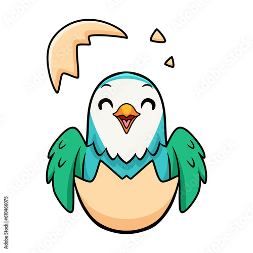 Cute blue turquoise bird cartoon inside from egg