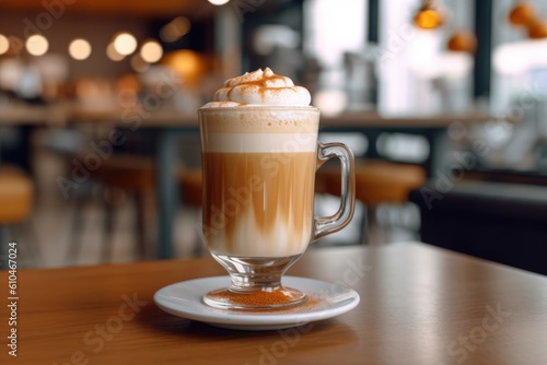 a glass glass of latte macchiato coffee on a table in a cafe. AI generated photo