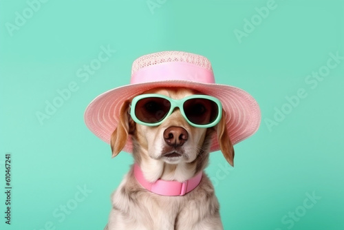 Adorable Dog Wearing Sun Hat Sitting in front of bright Pastel Background. Generative ai