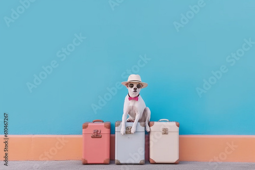 Adorable Dog Wearing Sun Hat Sitting in front of bright Pastel Background. Generative ai